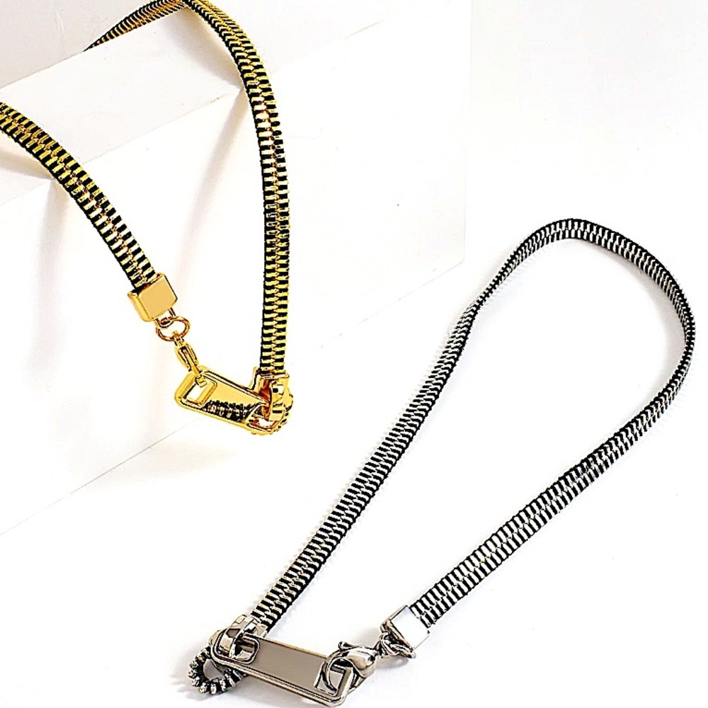 Metal Gold Silver Zipper Necklace Industrial Edgy Statement Choker Tarnish Free - Picture 7 of 11